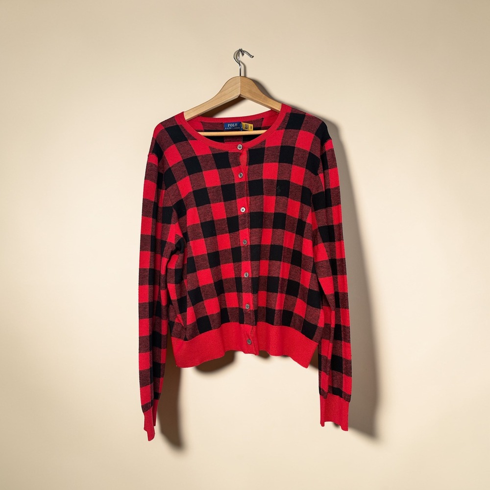 NWT Polo Ralph Lauren Red Black Buffalo Plaid‎ Wool Blend Cardigan Sweater XXL